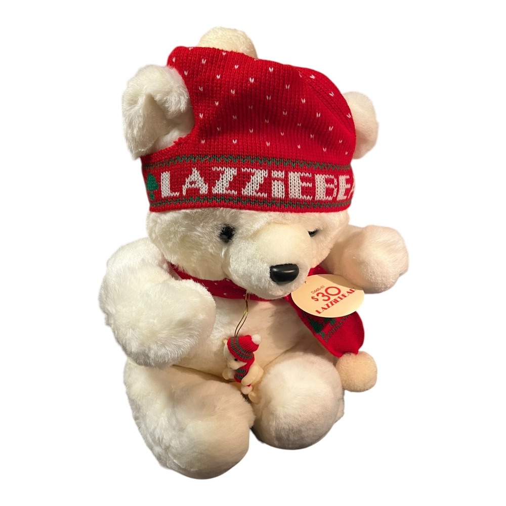 Vtg NWT 1987 Lazarus Lazzie Bear White Plush Christmas Teddy Bear Red Hat Scarf - Picture 2 of 7